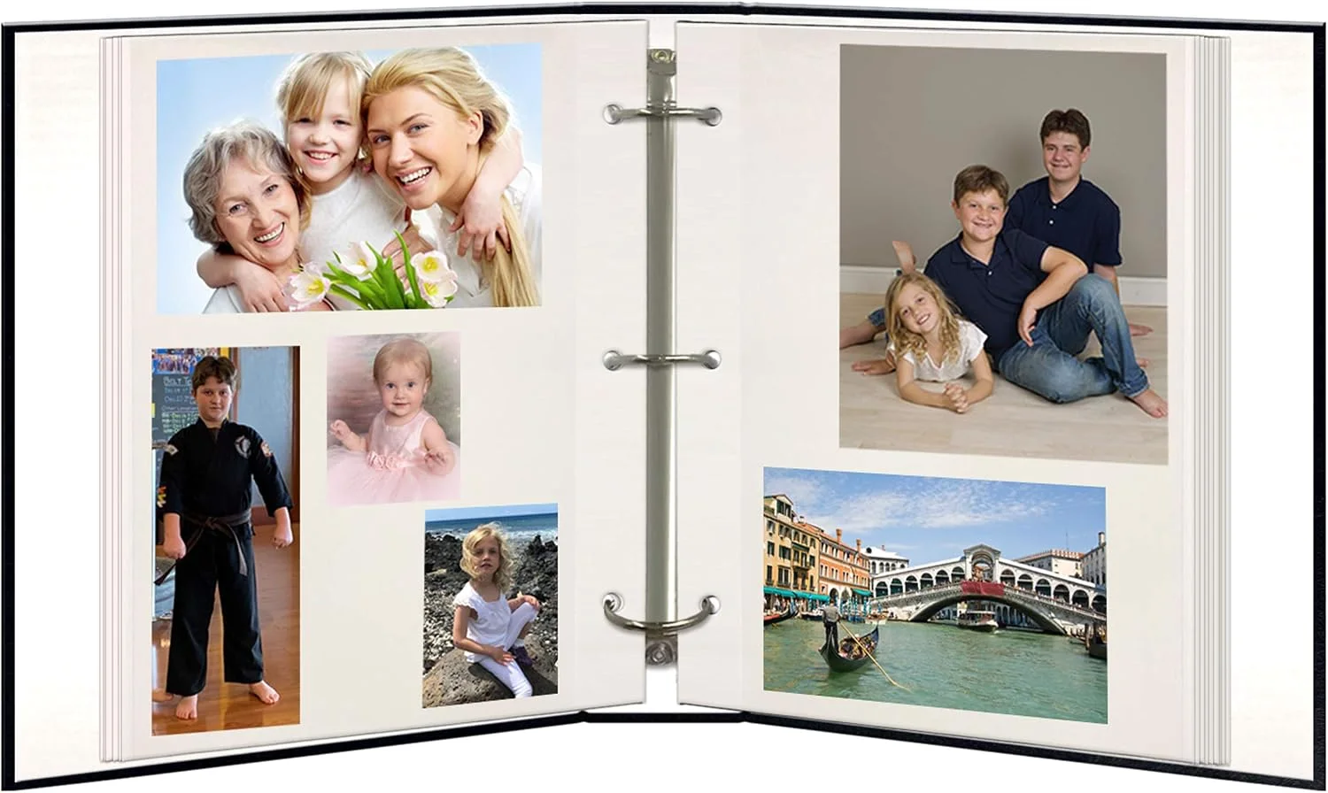 A magnetic self-stick album open with prints of different sizes